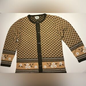 Vintage Cottage Cove Geometric Knit Cardigan Ornate Metal Clasps L